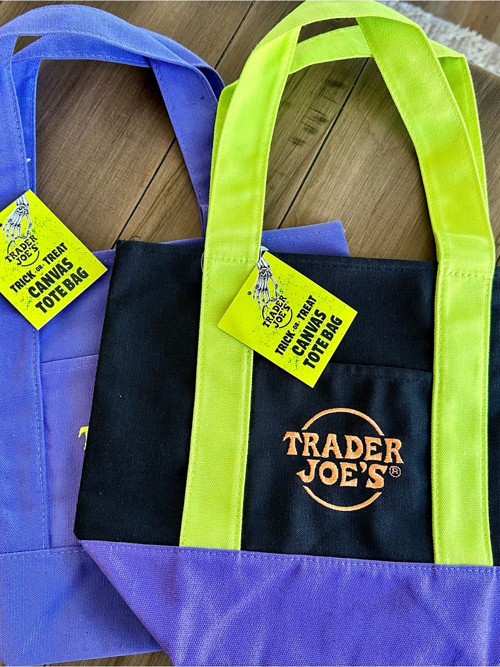 Set of 2 Trader Joe's Black Canvas Tote with Neon Yellow Handles and Purple Trim